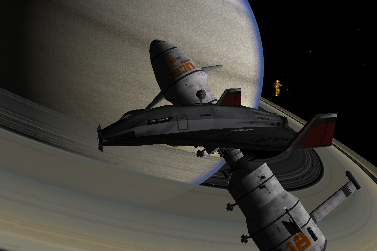 a DGIV and an Arrow Freighter 18 maneuvering near to Saturns rings