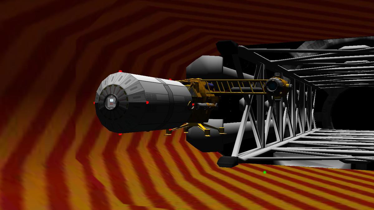 A Maintfury grapples a SSBB BM101 module in the main hangar bay of the EAS Cortez.