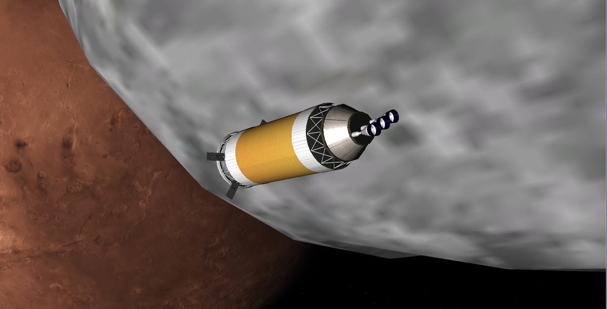 An NTR booster module exploring Phobos, a moon of Mars.