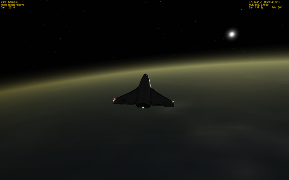 Chronus during reentry with sunrise in the background.