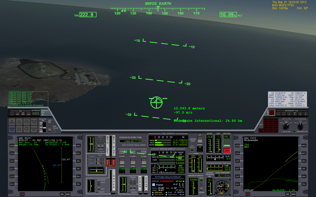 Cockpit view of Chronus during approach at runway 12C at Wideawake International, notice the low APU fuel indicator.
