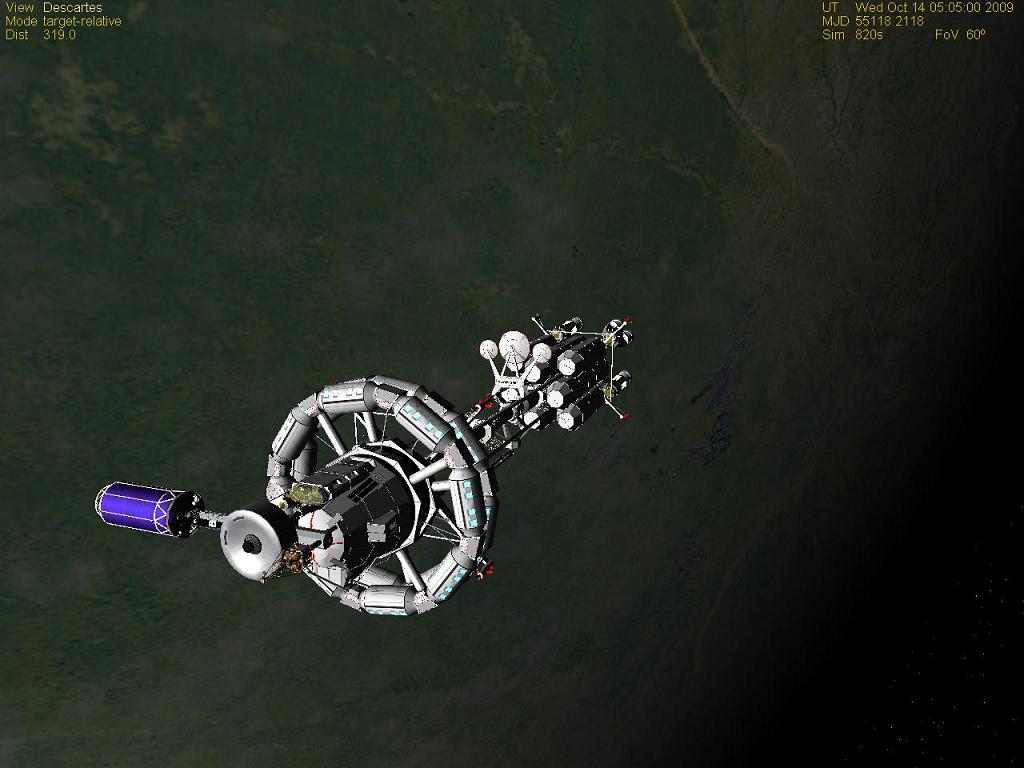 Descartes class space ship 'Adam Smith' docked with PreFab Station 'Eclipse' for... hm... refueling.