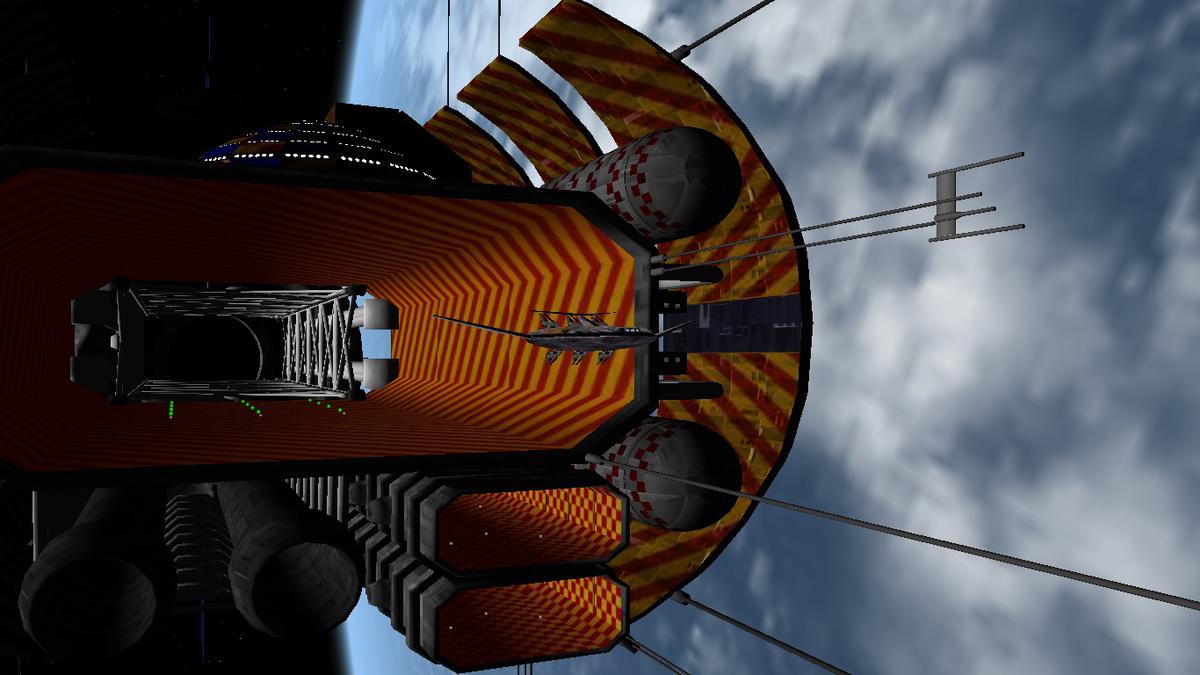 Kestrel Departure - An EarthForce Kestrel Atmospheric Shuttle departs the main hangar of the EAS Cortez