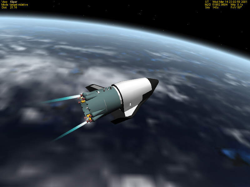 Kliper - Using the LES for orbit insertion. In this configuration, the LES motors are fired in pairs (rather than simultaneously as for an abort). The