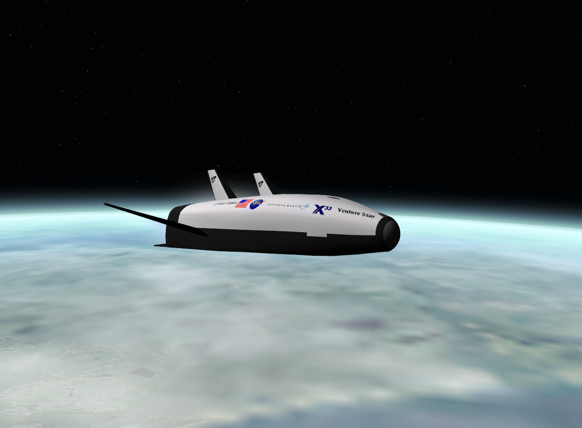 MarkD's original X-33 VentureStar addon, updated to use SC3.  Shortly after launch from KSC.  Will release if able to contact MarkD and obtain permiss