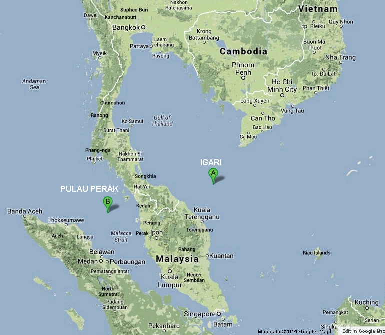 MH370 Disappearance. A: Flightpath waypoint that aircraft was enroute to before vanishing from ATC.  B: Approximate location of last Malaysian radar c
