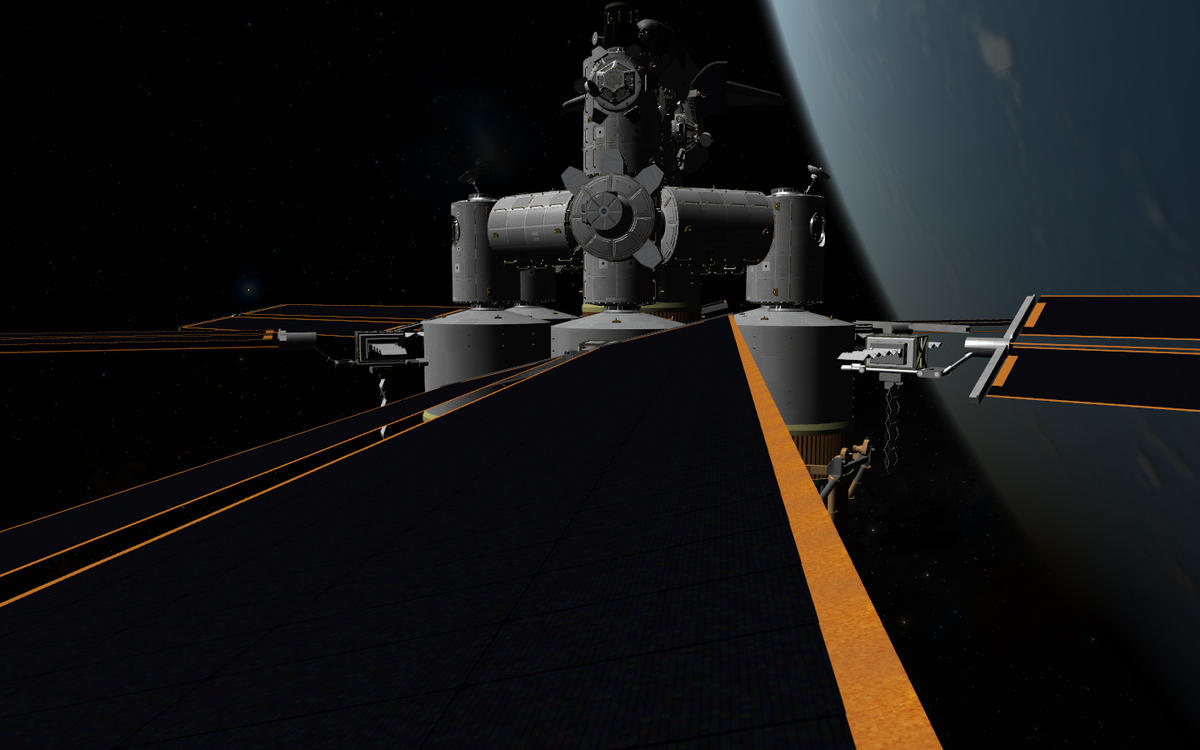 Servicing a solar panel on orbital outpost 1.