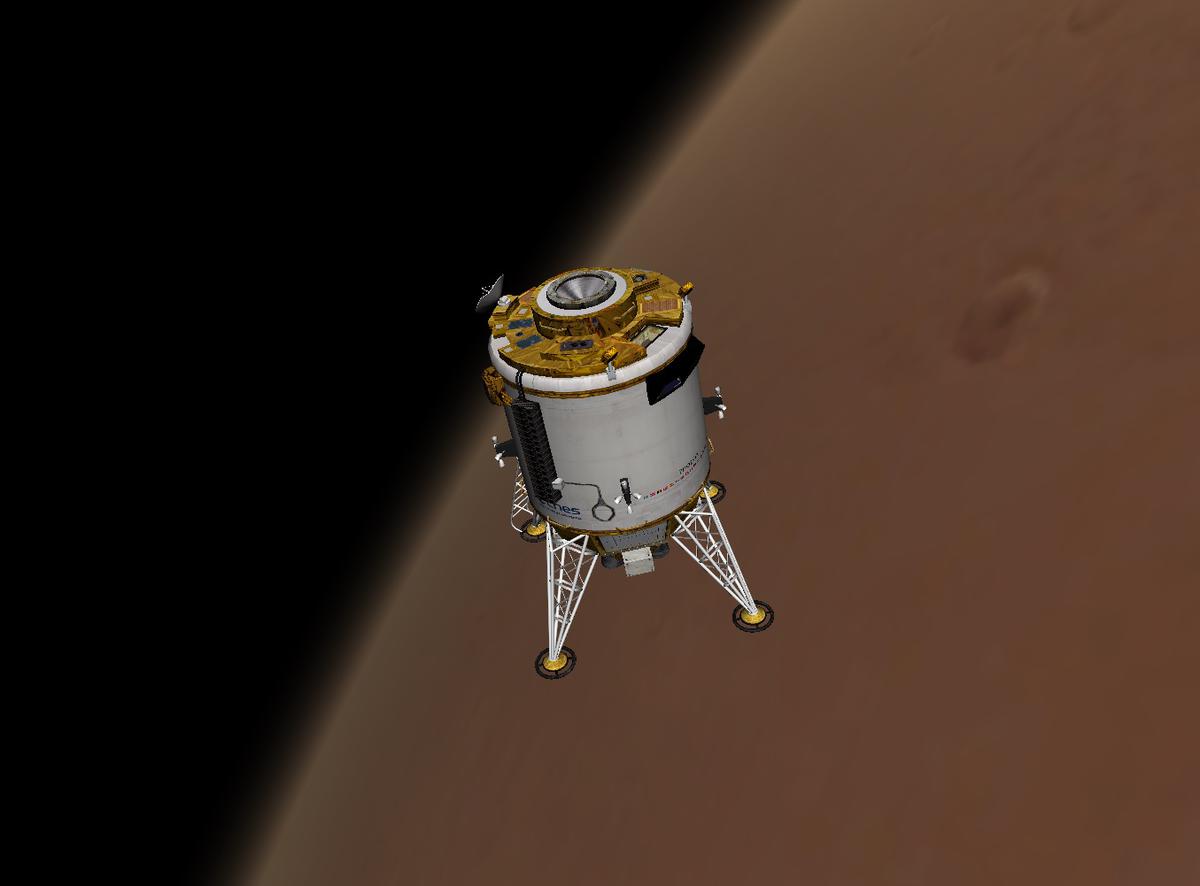 The Martian Transfer Vehicle Lander (Lunar Transfer Vehicle ESA) over Mars after surface takeoff.