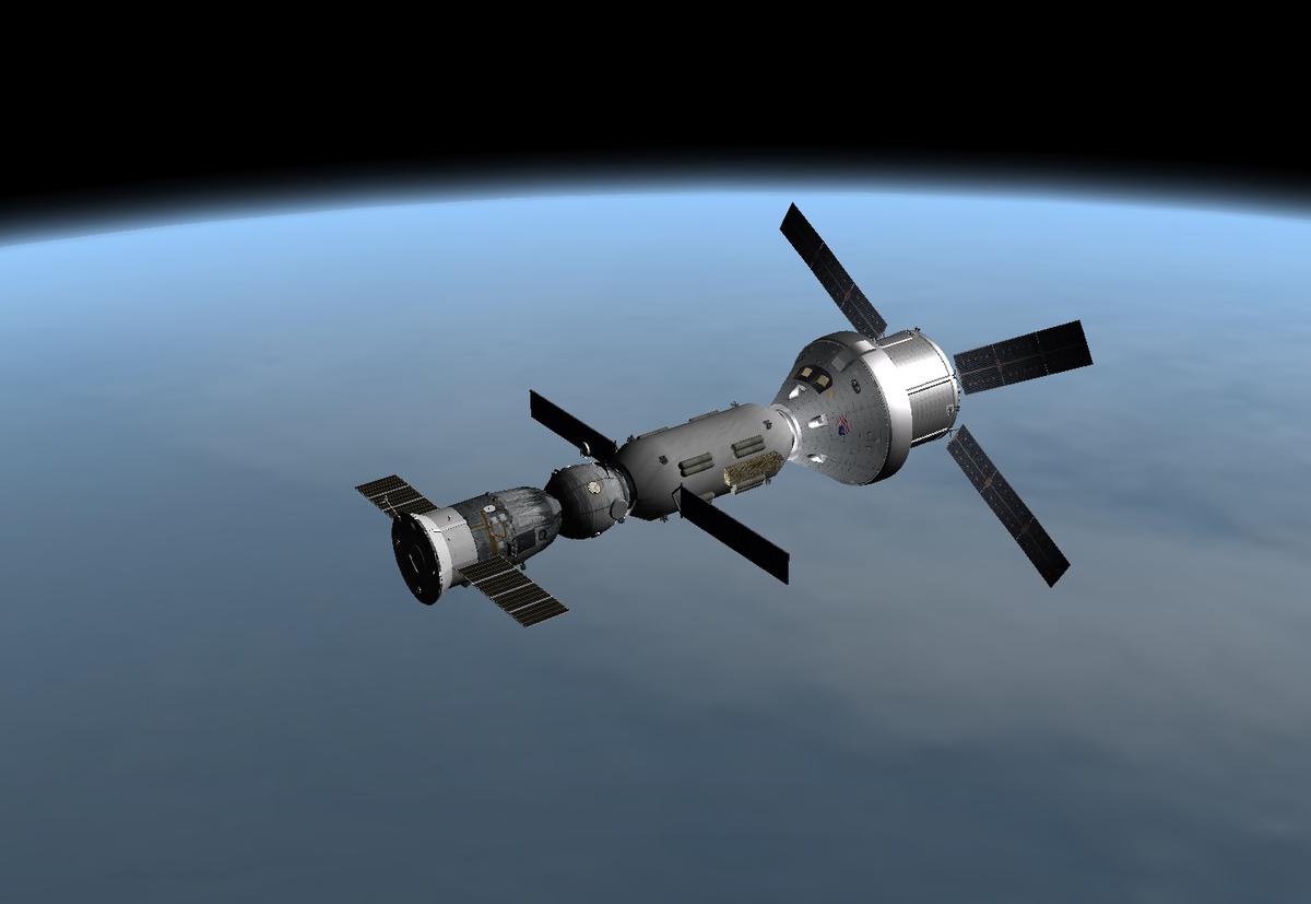 The Orion MPCV and Soyuz TMA docked at the adapter module.