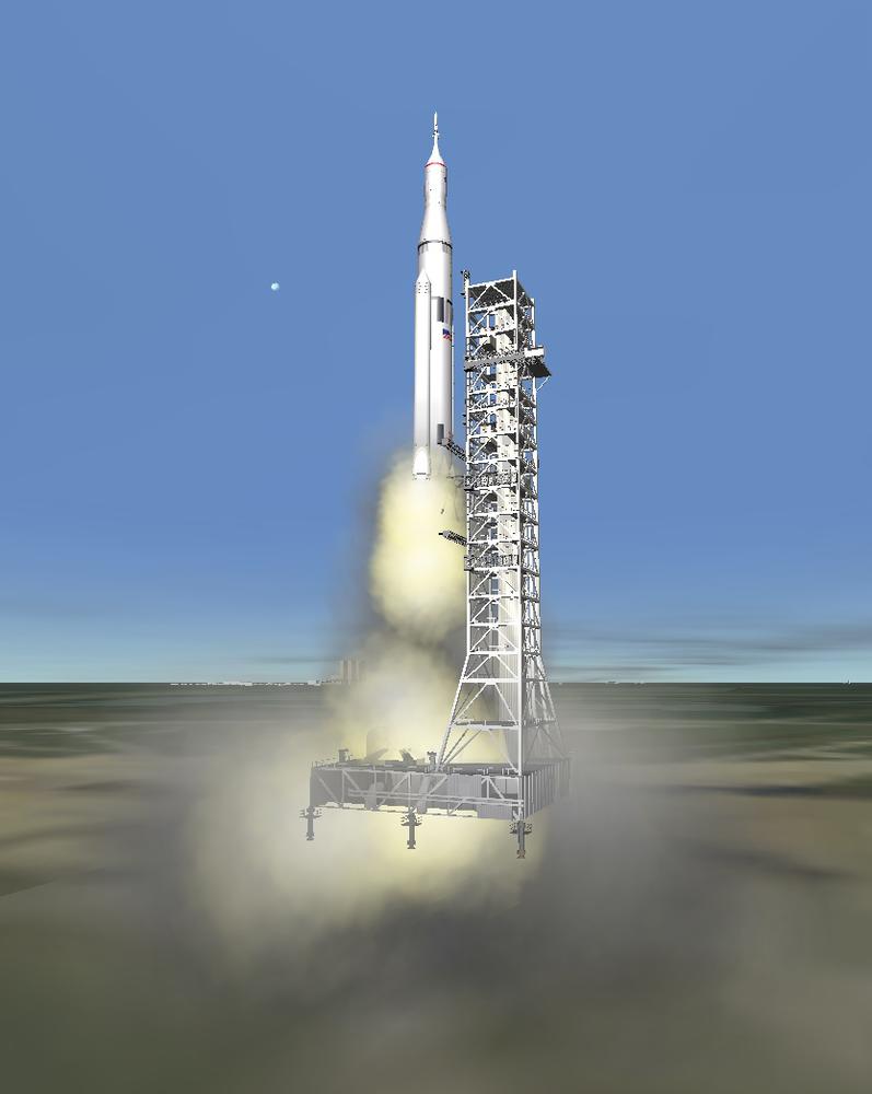 The SLS lifting off the pad with the Moon, the crew's next destination, in view.