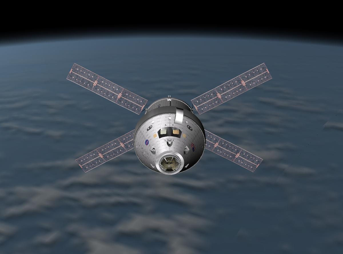 The view of the Orion from the MTV as the mission ends its fourth day. After the 3 hour MTV maneuvering test, Orion is returning to dock, reuniting th
