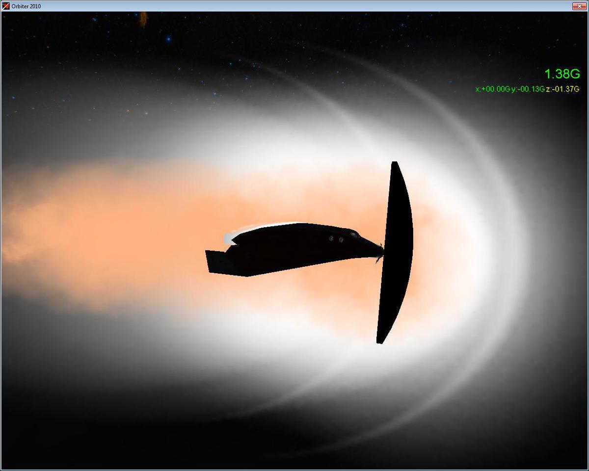 Trial by fire of my new Aeroshell. Sadly, the DG is NOT shielded, according to Orbiter's coding...