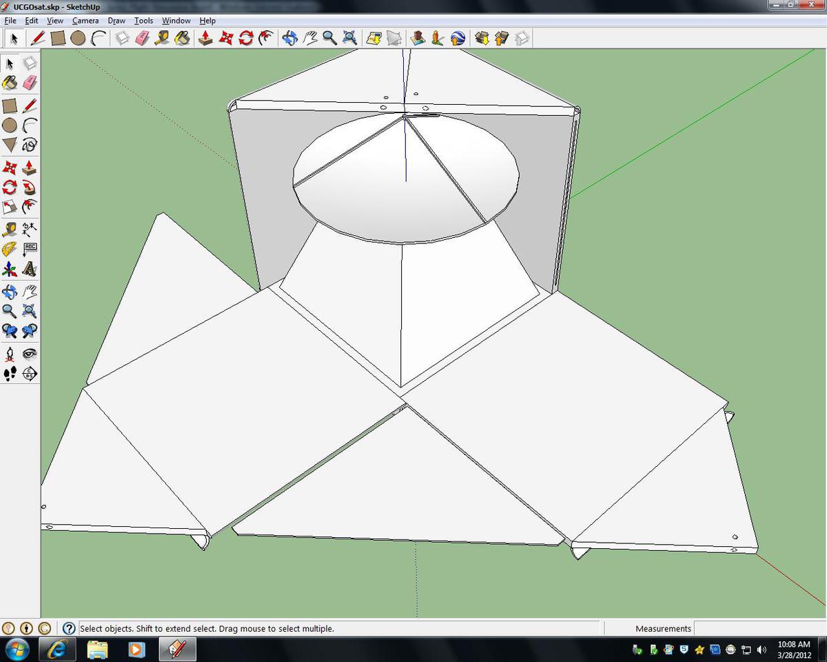 UCGOsat development: Shot 5. Geometry for the testbed is complete. Grouping the surfaces is next, follwed by a spin in Orbiter to ensure quality.