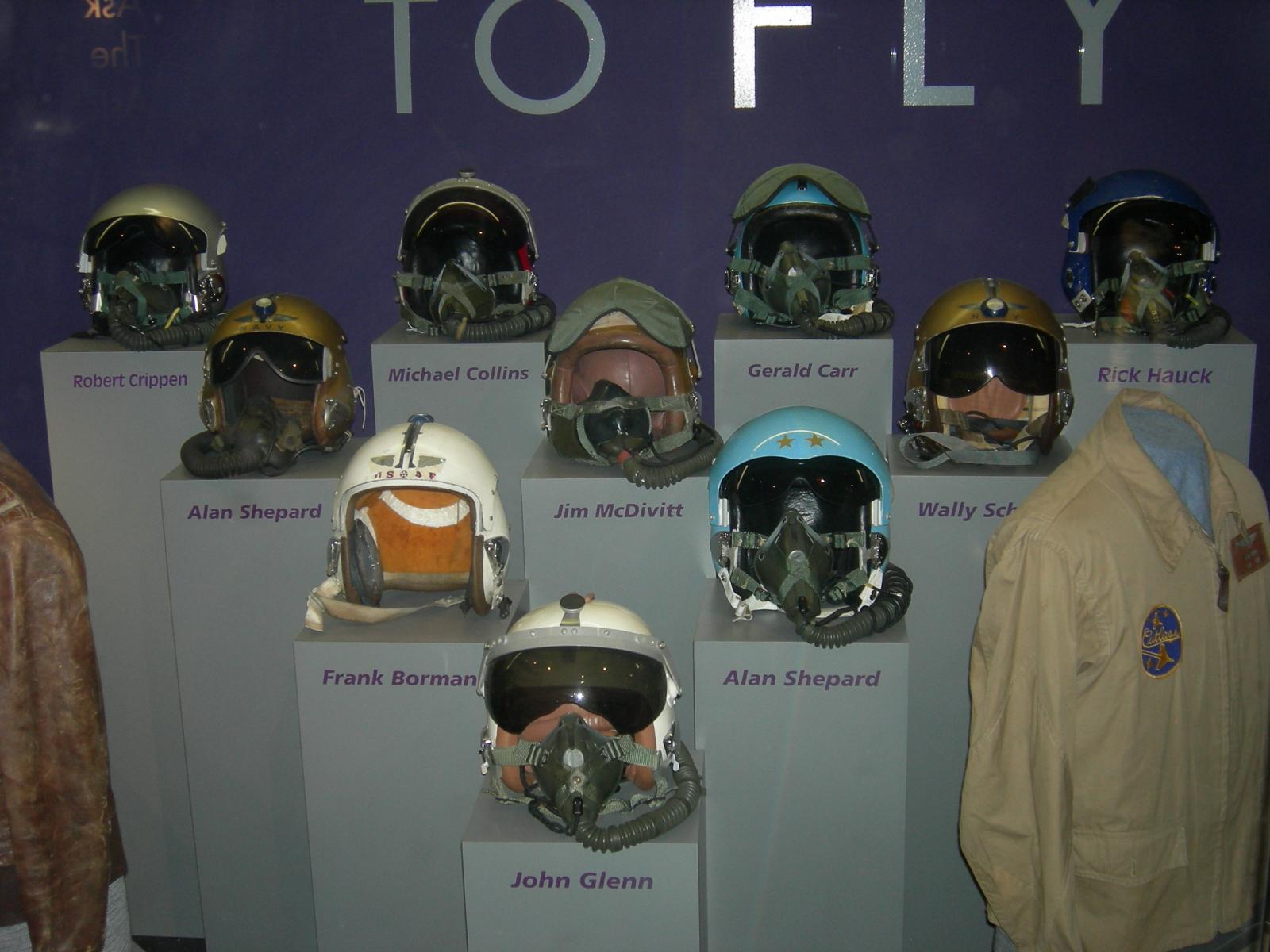 Various helmets used by astronauts throughout the year