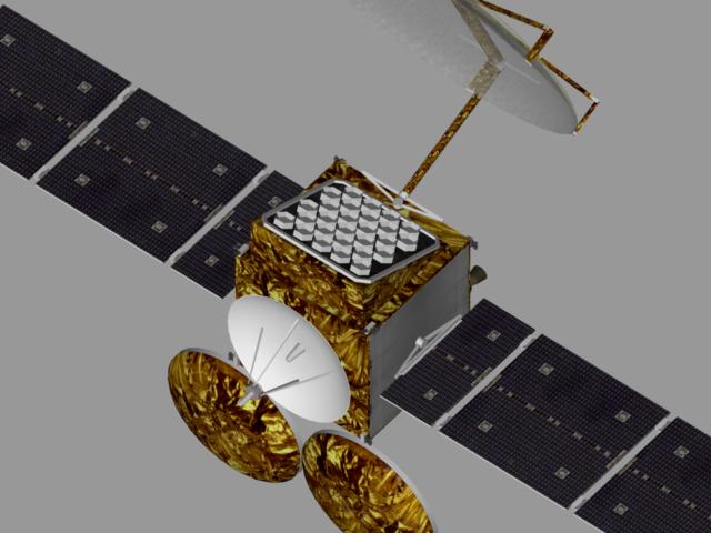 View of the reflectors of the API-110 (L7-97803/LTDRSS) prototype satellite bus. On top is a main transmit feed array for a 6.5m deploying reflector; 