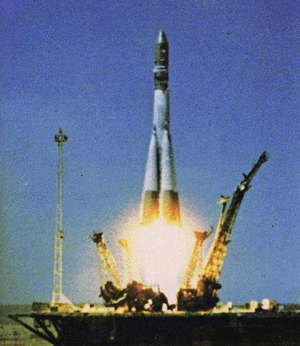 Vostok 1 launch, April 12th, 1961, from Baikonur Cosmodrome.